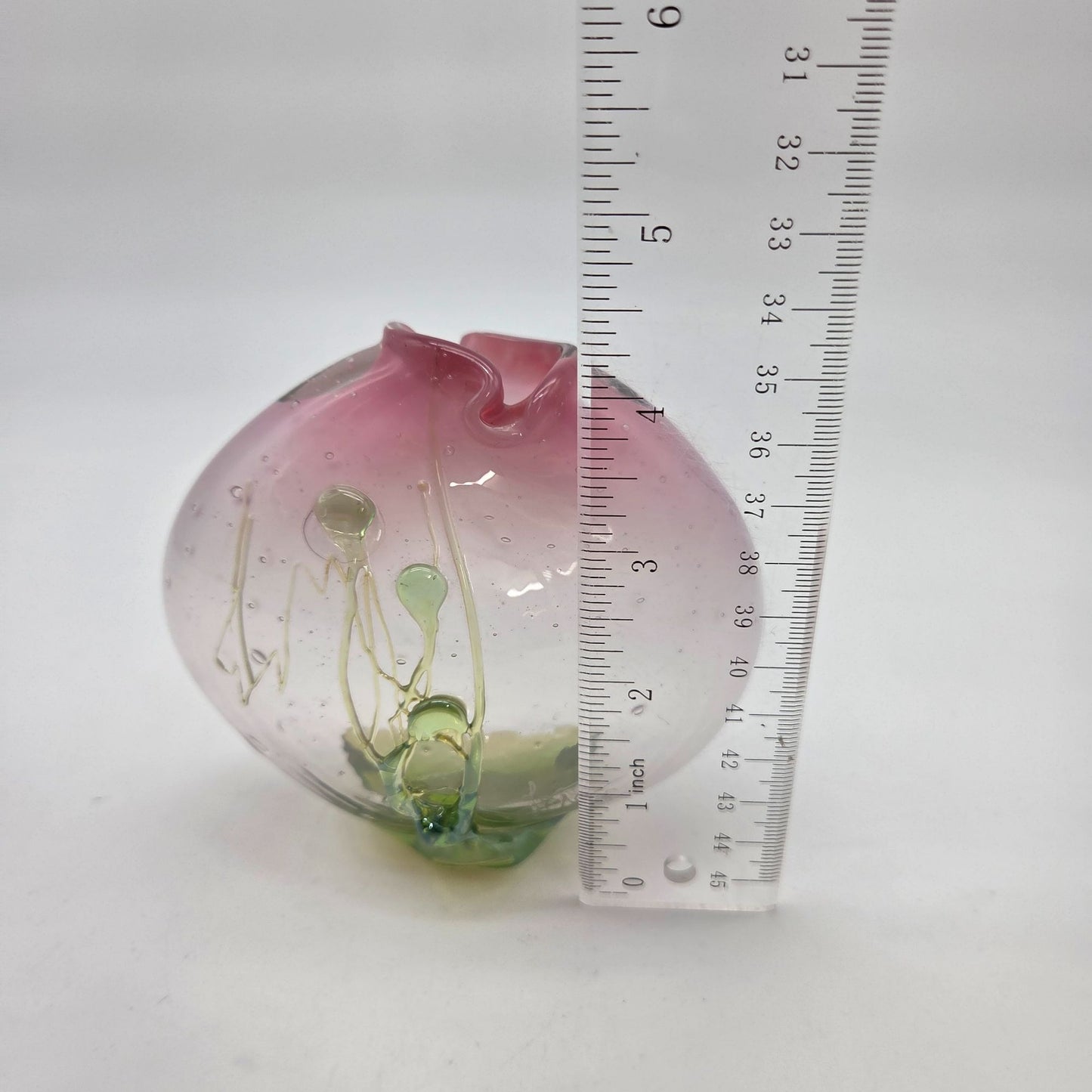 Handblown Loren Chapman Pink & Green Art Glass Vase With Rigaree