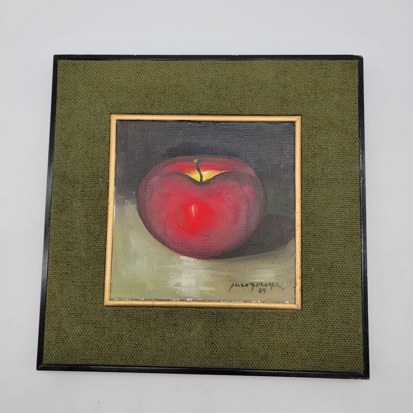 Vintage Paco Gorospe Still Life Original Painting - Red Apple - Matted Green Frame