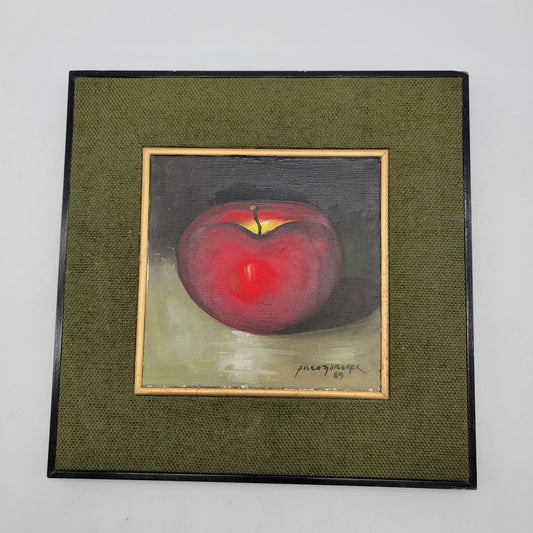 Vintage Paco Gorospe Still Life Original Painting - Red Apple - Matted Green Frame