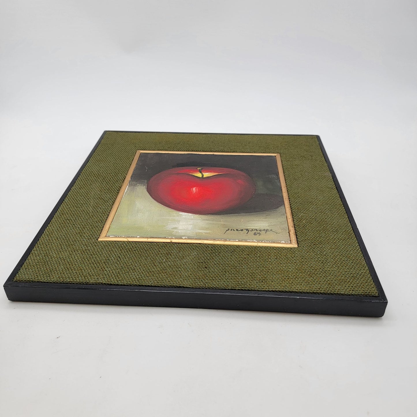 Vintage Paco Gorospe Still Life Original Painting - Red Apple - Matted Green Frame