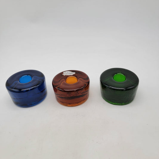 Vintage Blenko Glass Puck Candle Holders Set of 3 Different Colors