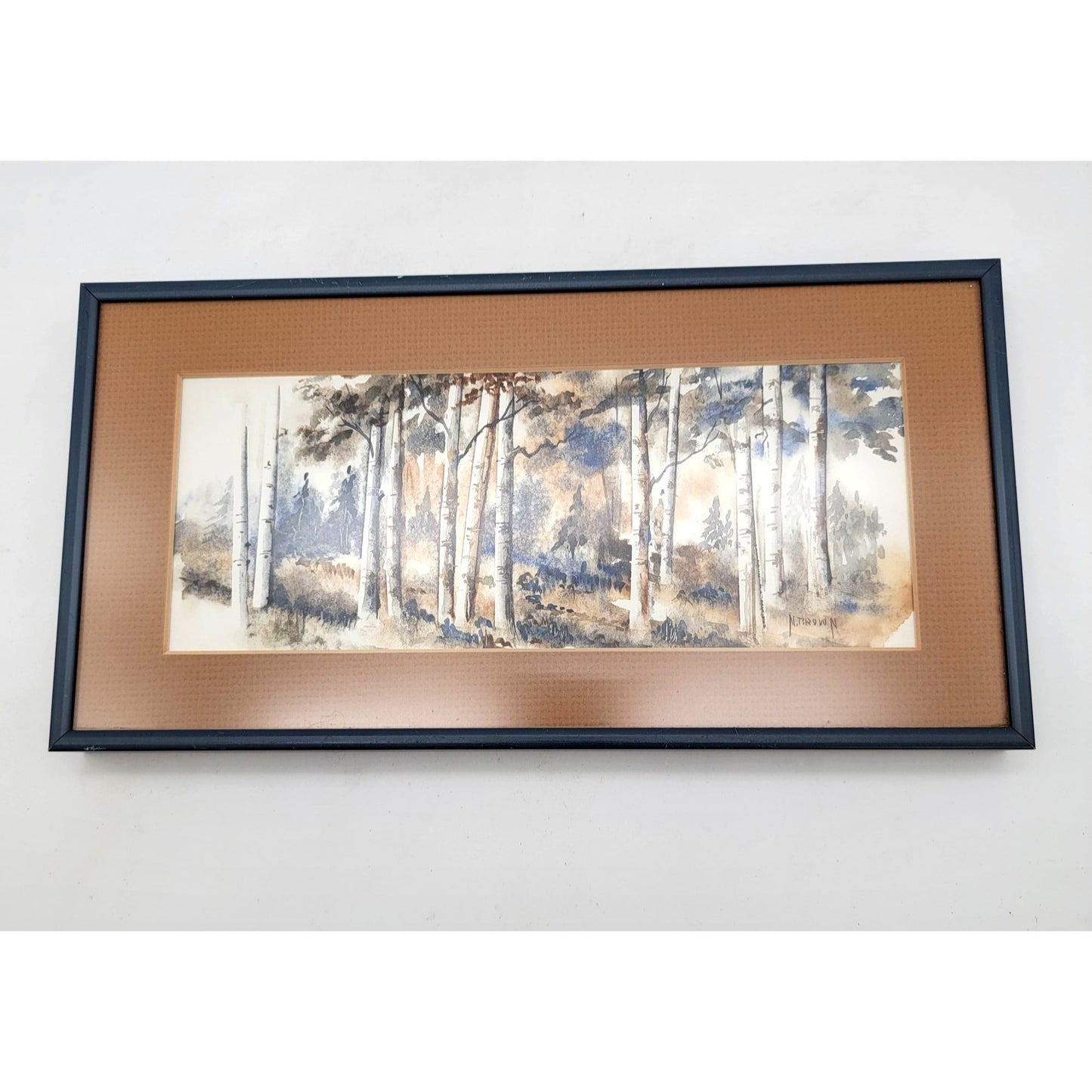 Signed Watercolor Birch Trees By N. Brown  Horizontal Framed & Matted
