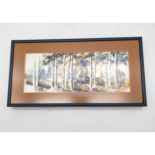 Signed Watercolor Birch Trees By N. Brown  Horizontal Framed & Matted