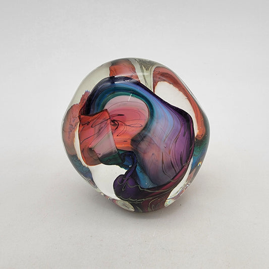Vintage 1993 Signed Freund Art Glass Paperweight Multicolor Swirl