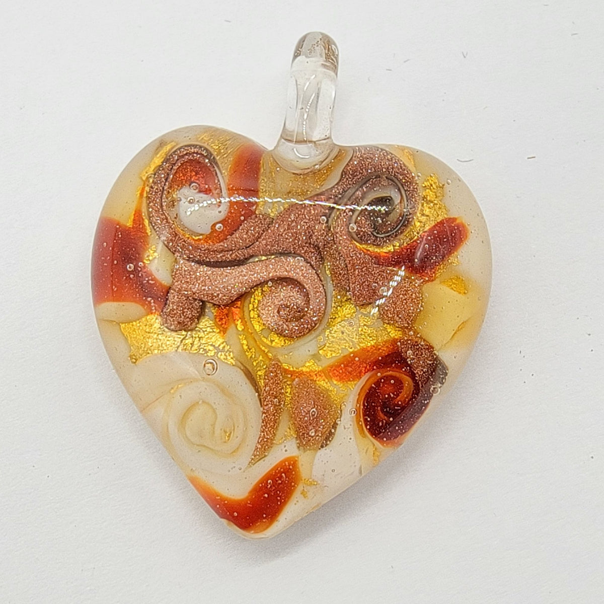Dichroic Art Glass Heart Pendant With Aventurine Gold Foil & Swirl