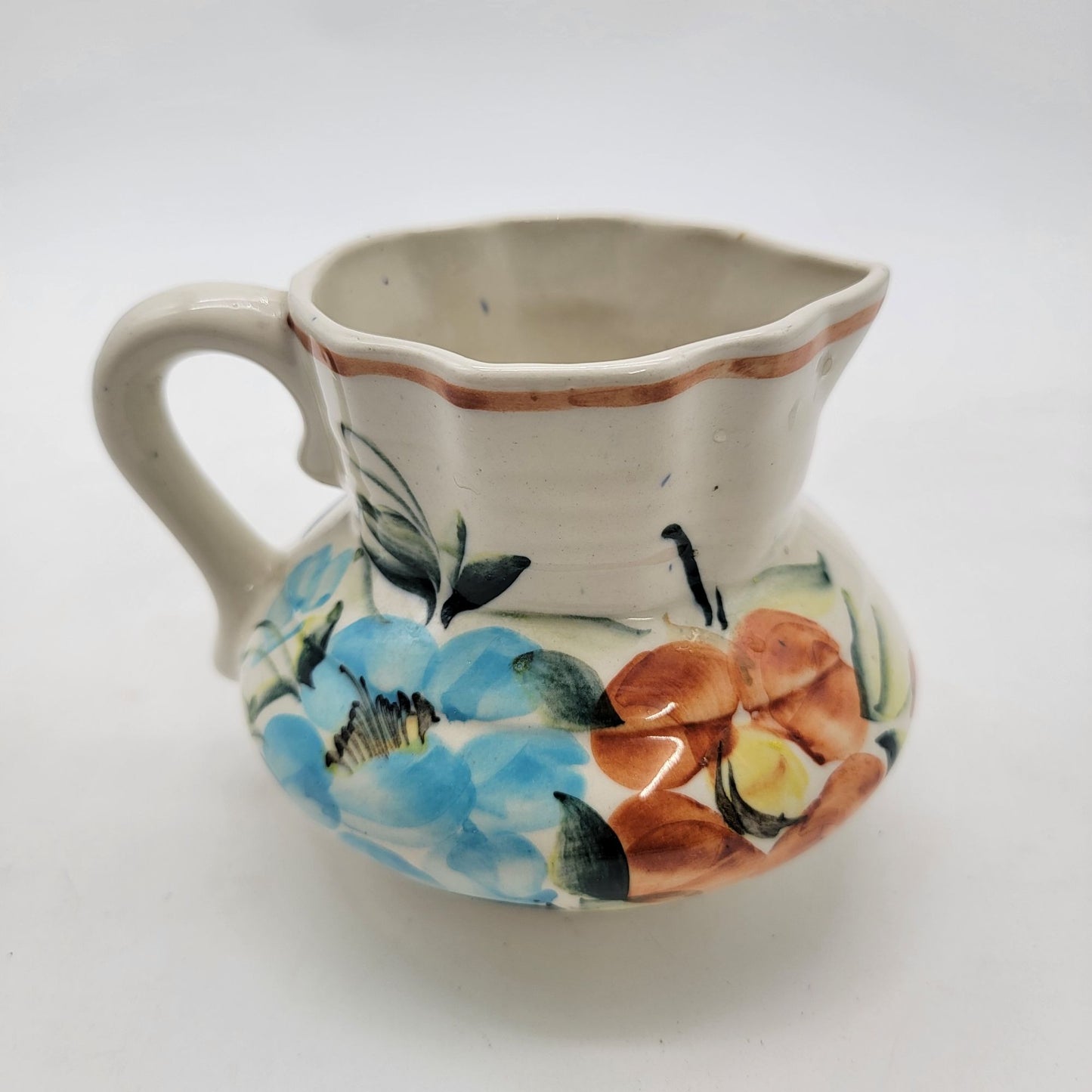 Vintage Hand-Painted Art Pottery Floral Pitcher With Handle
