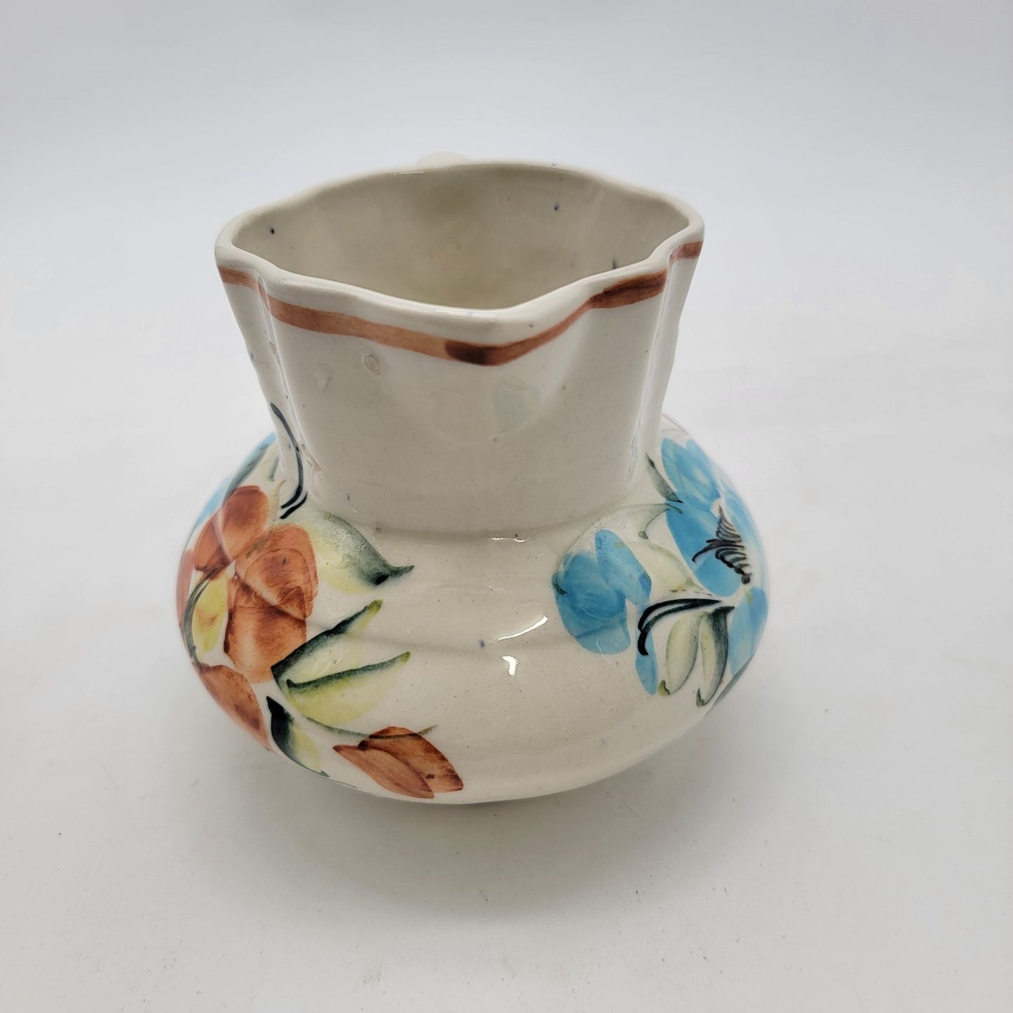 Vintage Hand-Painted Art Pottery Floral Pitcher With Handle