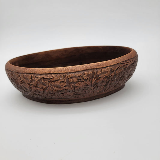 Handcrafted Carved Wooden Oval Bowl
