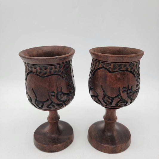 Vintage Zimbabwe Carved Wood Goblet Set