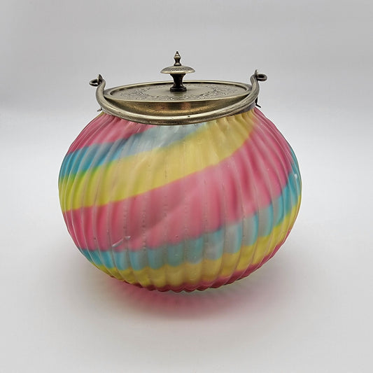 Antique Victorian Harrach Peloton Rainbow Swirl Glass Biscuit Barrel Jar Sheffield Silver Plate Lid