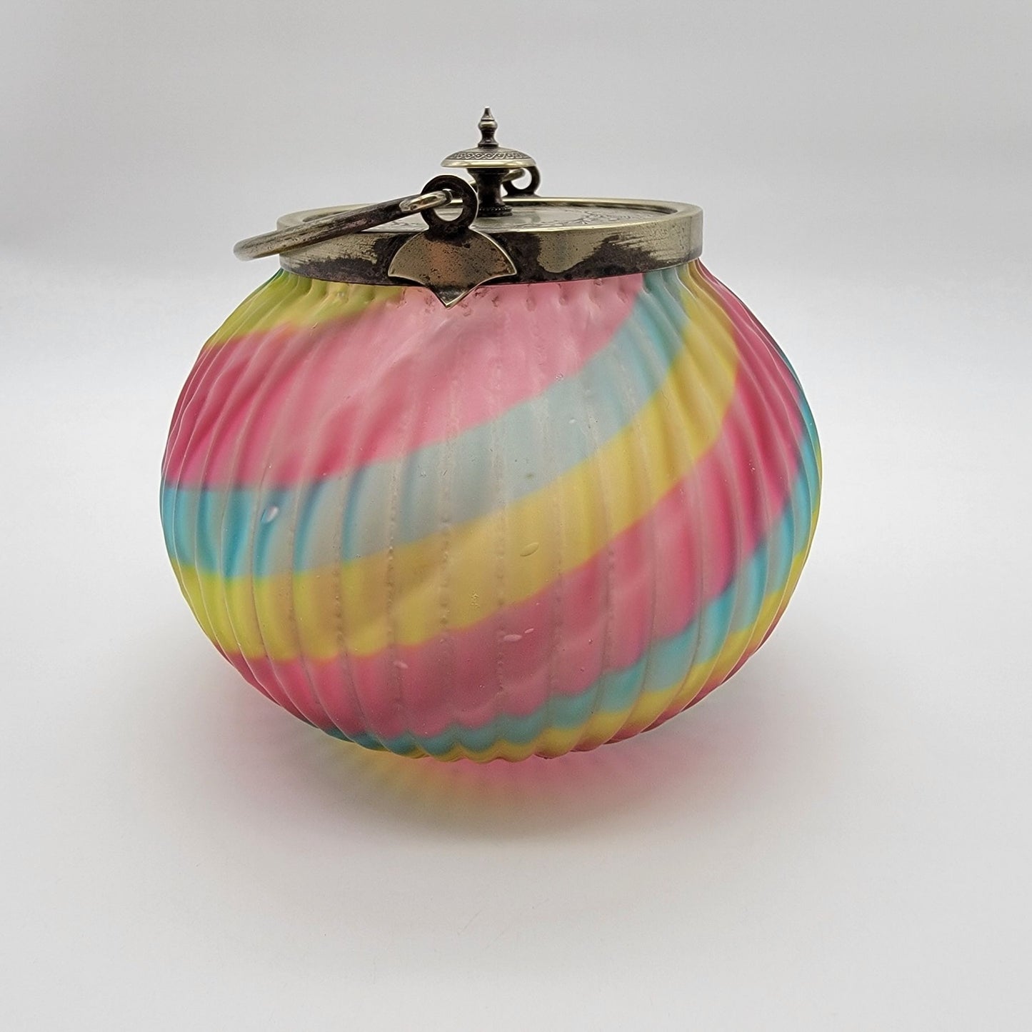 Antique Victorian Harrach Peloton Rainbow Swirl Glass Biscuit Barrel Jar Sheffield Silver Plate Lid