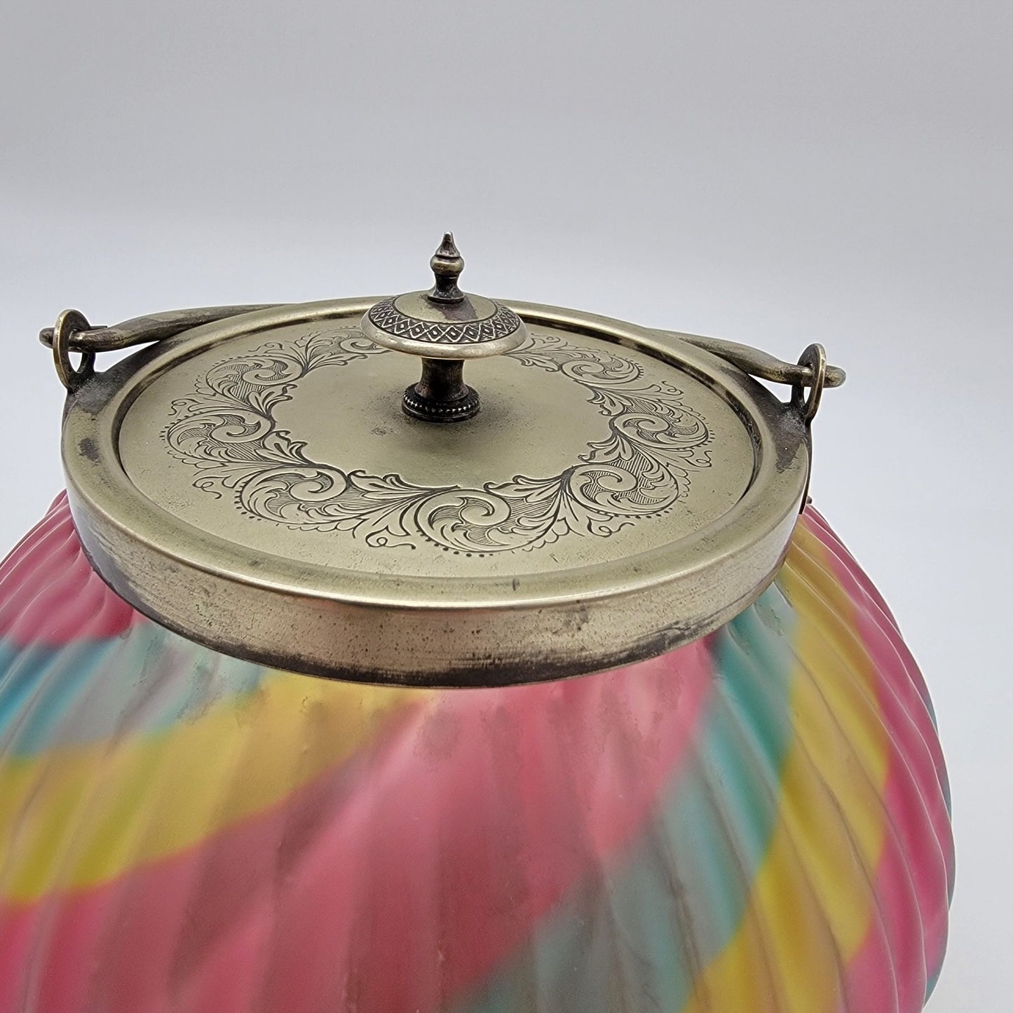 Antique Victorian Harrach Peloton Rainbow Swirl Glass Biscuit Barrel Jar Sheffield Silver Plate Lid