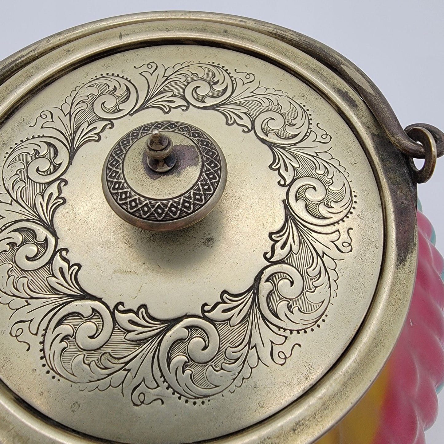 Antique Victorian Harrach Peloton Rainbow Swirl Glass Biscuit Barrel Jar Sheffield Silver Plate Lid