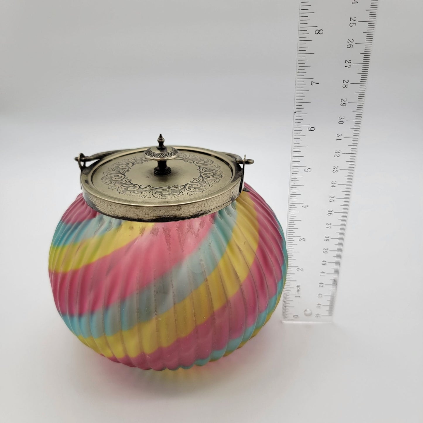 Antique Victorian Harrach Peloton Rainbow Swirl Glass Biscuit Barrel Jar Sheffield Silver Plate Lid
