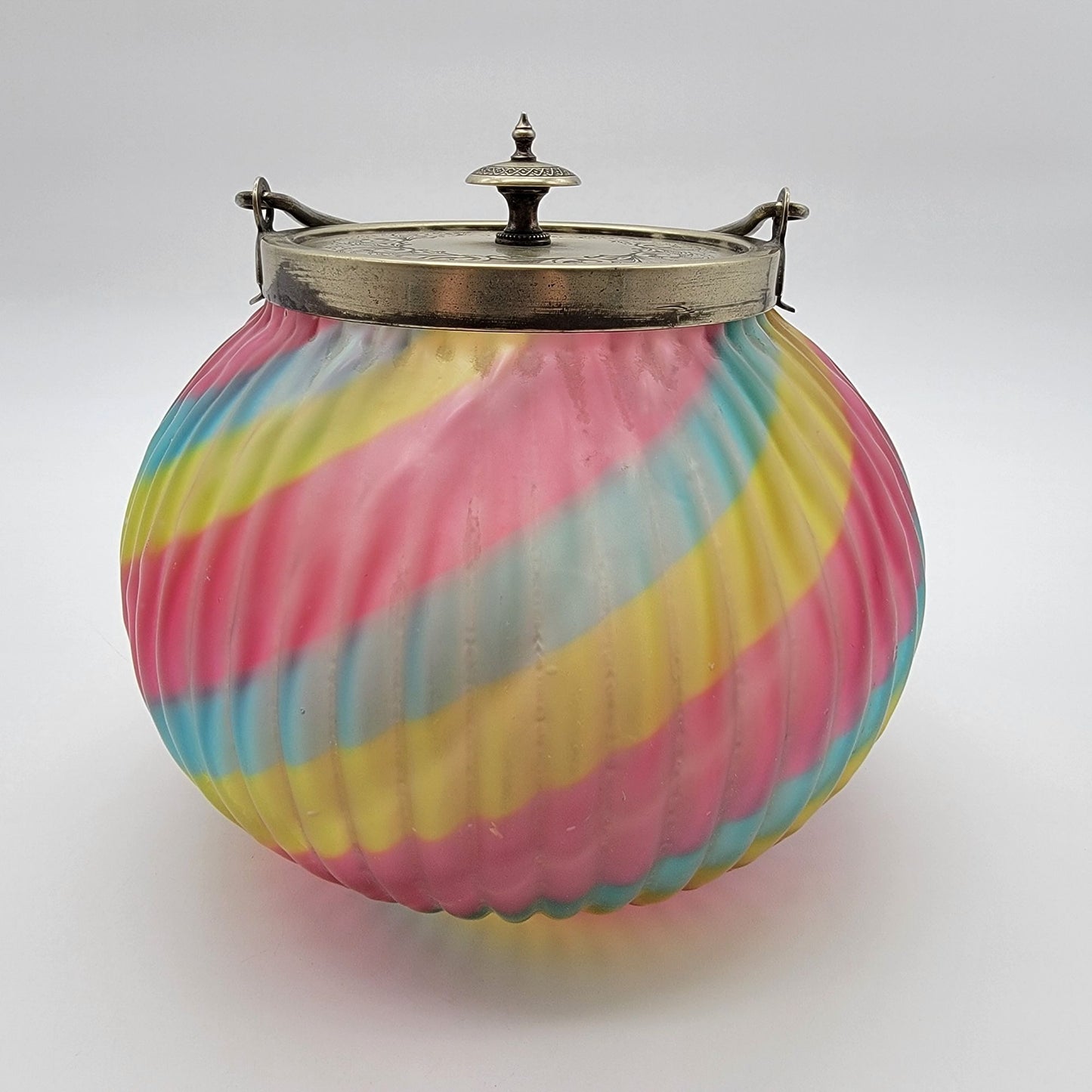Antique Victorian Harrach Peloton Rainbow Swirl Glass Biscuit Barrel Jar Sheffield Silver Plate Lid