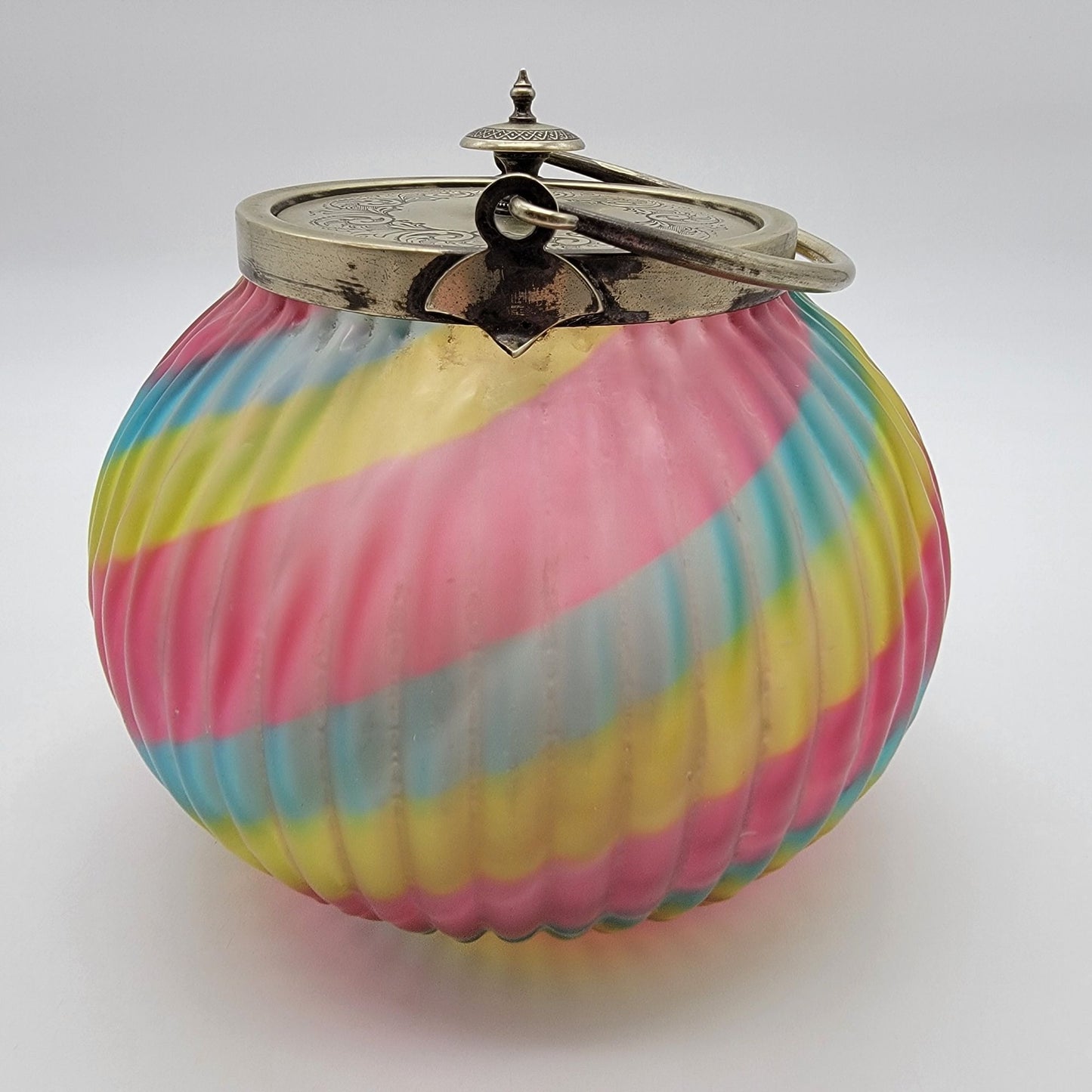 Antique Victorian Harrach Peloton Rainbow Swirl Glass Biscuit Barrel Jar Sheffield Silver Plate Lid