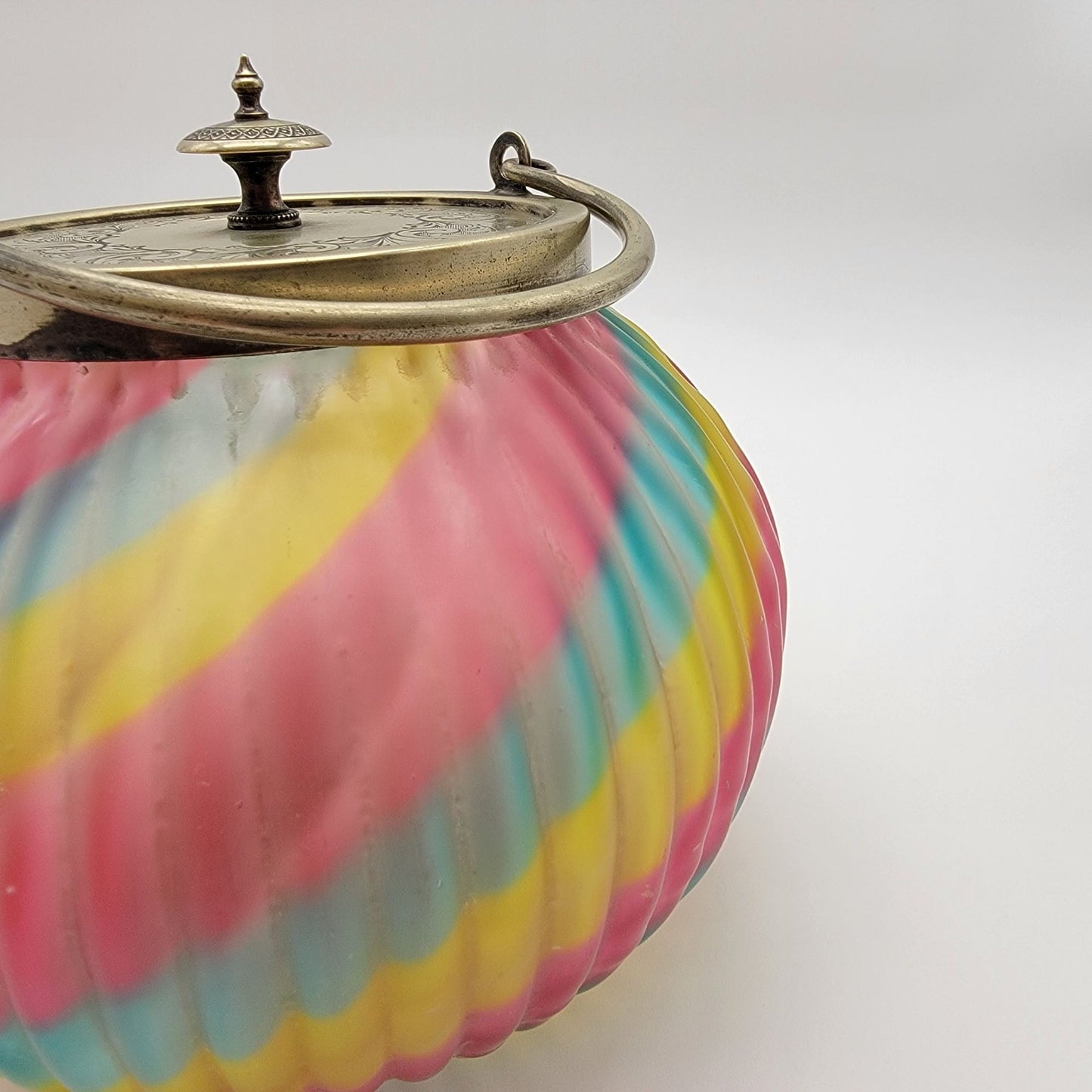 Antique Victorian Harrach Peloton Rainbow Swirl Glass Biscuit Barrel Jar Sheffield Silver Plate Lid