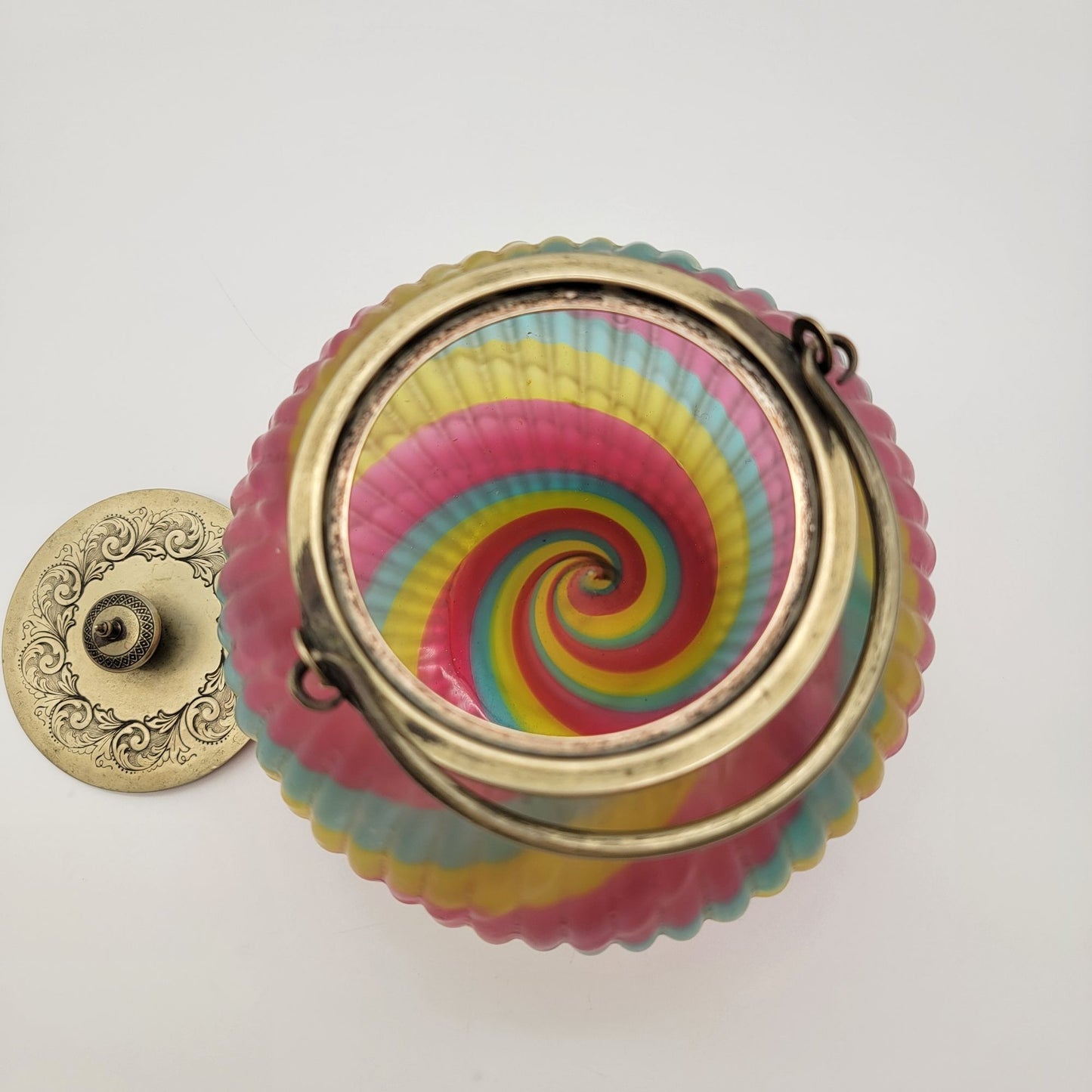 Antique Victorian Harrach Peloton Rainbow Swirl Glass Biscuit Barrel Jar Sheffield Silver Plate Lid