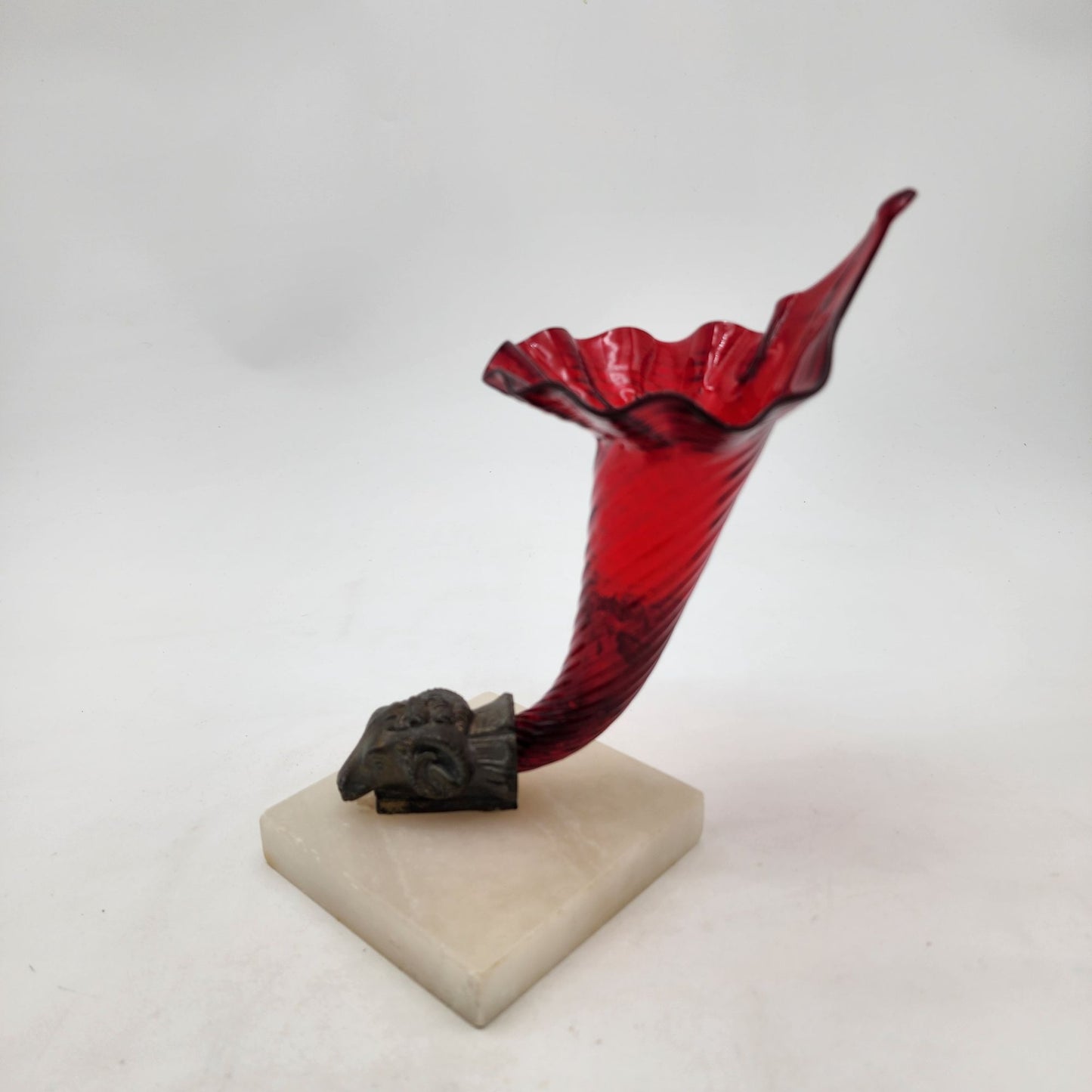 Victorian Red Glass Jack In Pulpit Vase With Rams Head On Alabaster Base