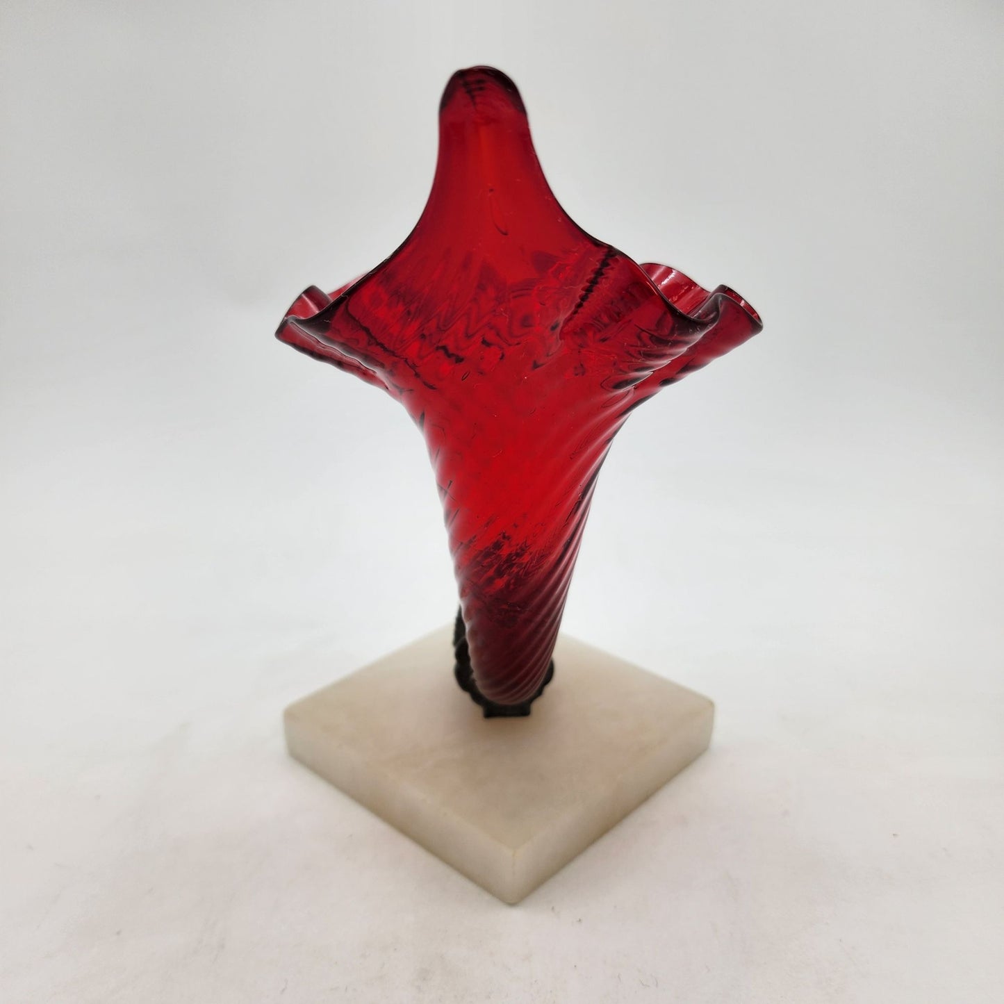 Victorian Red Glass Jack In Pulpit Vase With Rams Head On Alabaster Base