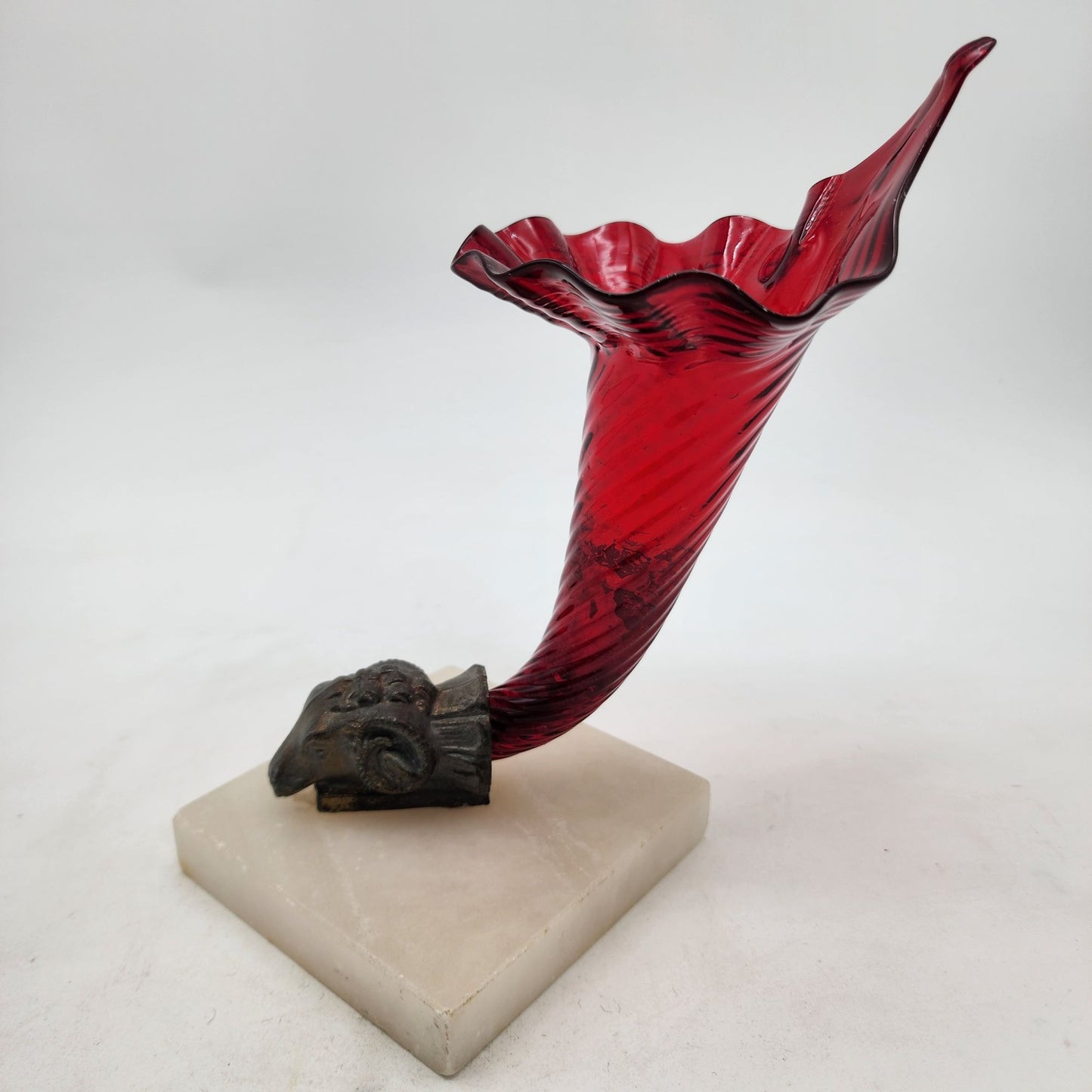 Victorian Red Glass Jack In Pulpit Vase With Rams Head On Alabaster Base