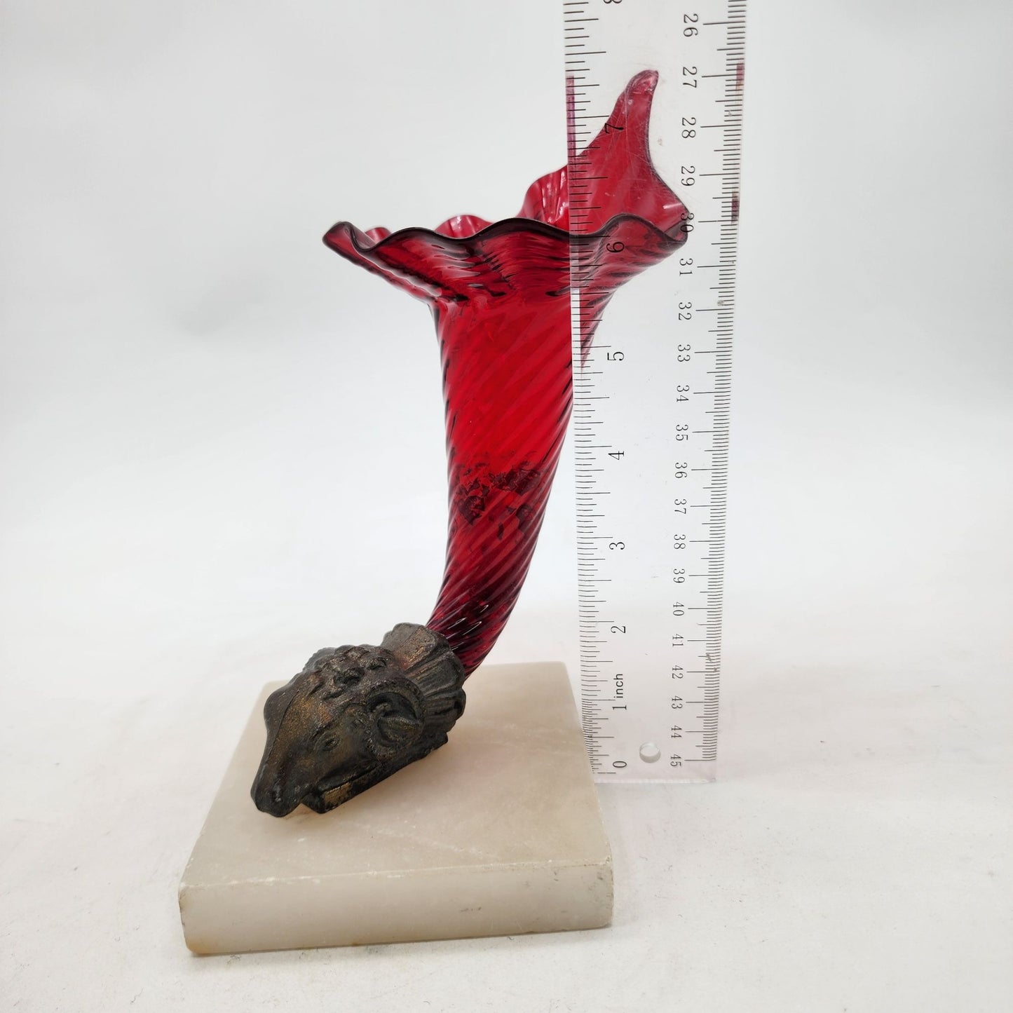 Victorian Red Glass Jack In Pulpit Vase With Rams Head On Alabaster Base