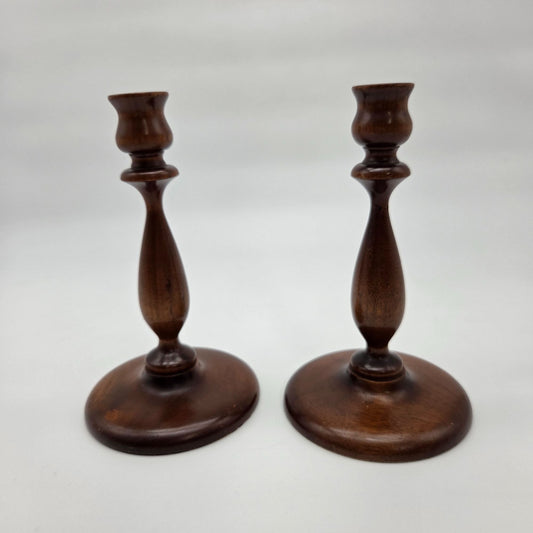 Pair of Vintage Early American Turned Wood Candlesticks