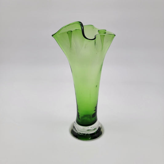Vintage Mid Century Green Art Glass Ruffled Swung Vase
