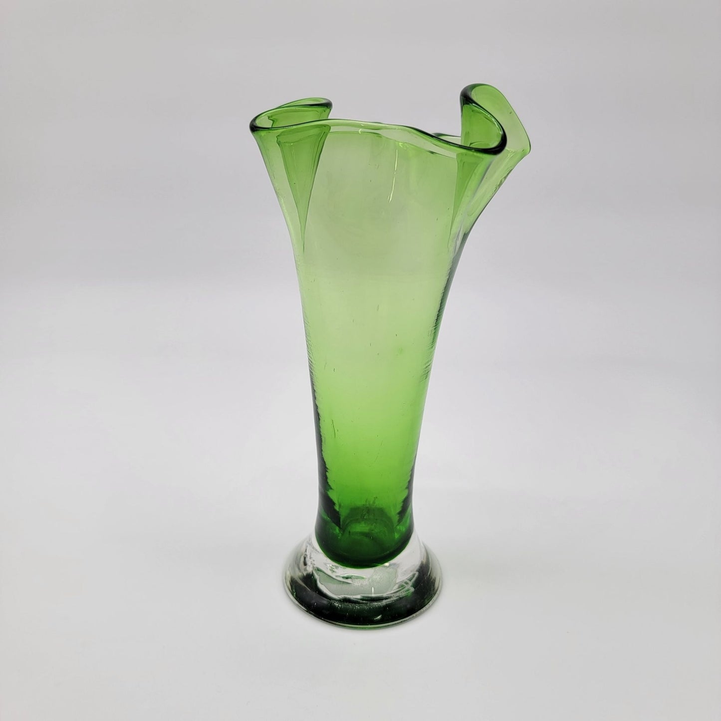 Vintage Mid Century Green Art Glass Ruffled Swung Vase