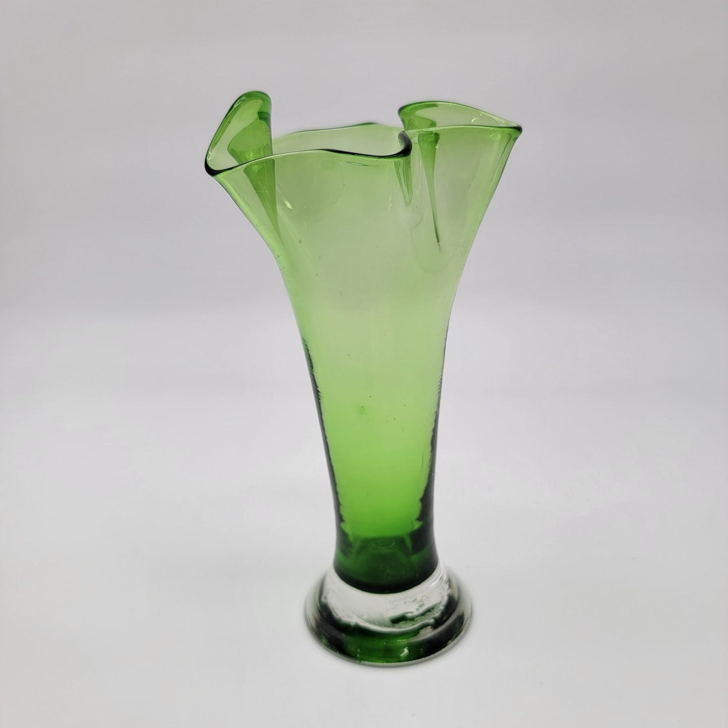 Vintage Mid Century Green Art Glass Ruffled Swung Vase