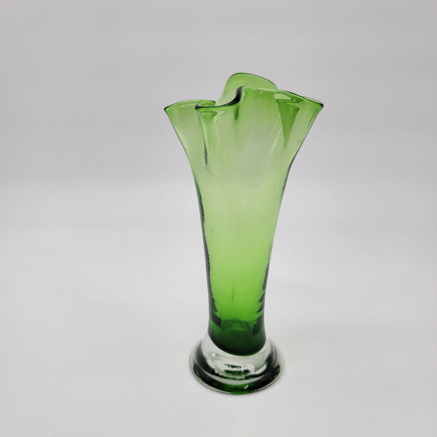 Vintage Mid Century Green Art Glass Ruffled Swung Vase
