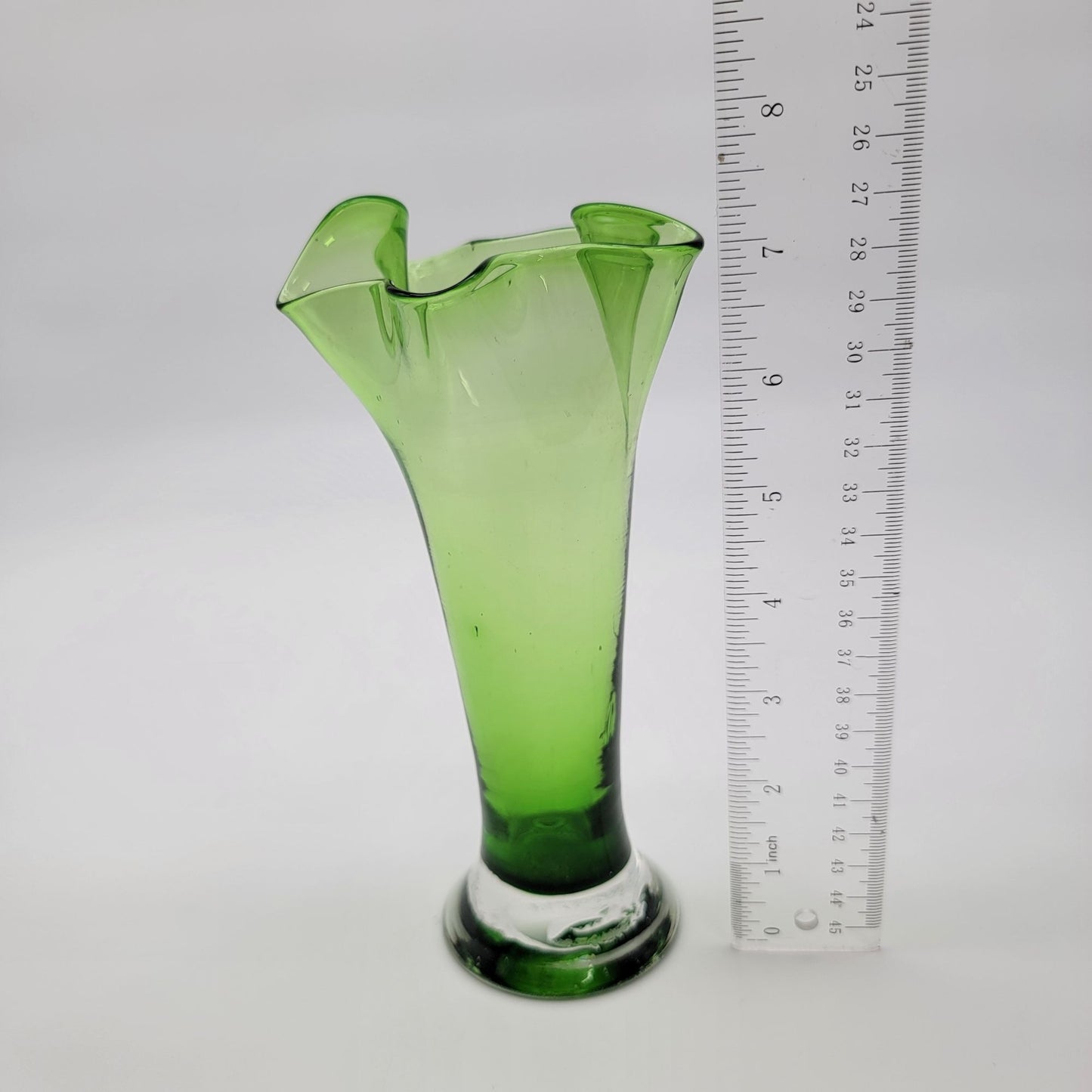 Vintage Mid Century Green Art Glass Ruffled Swung Vase