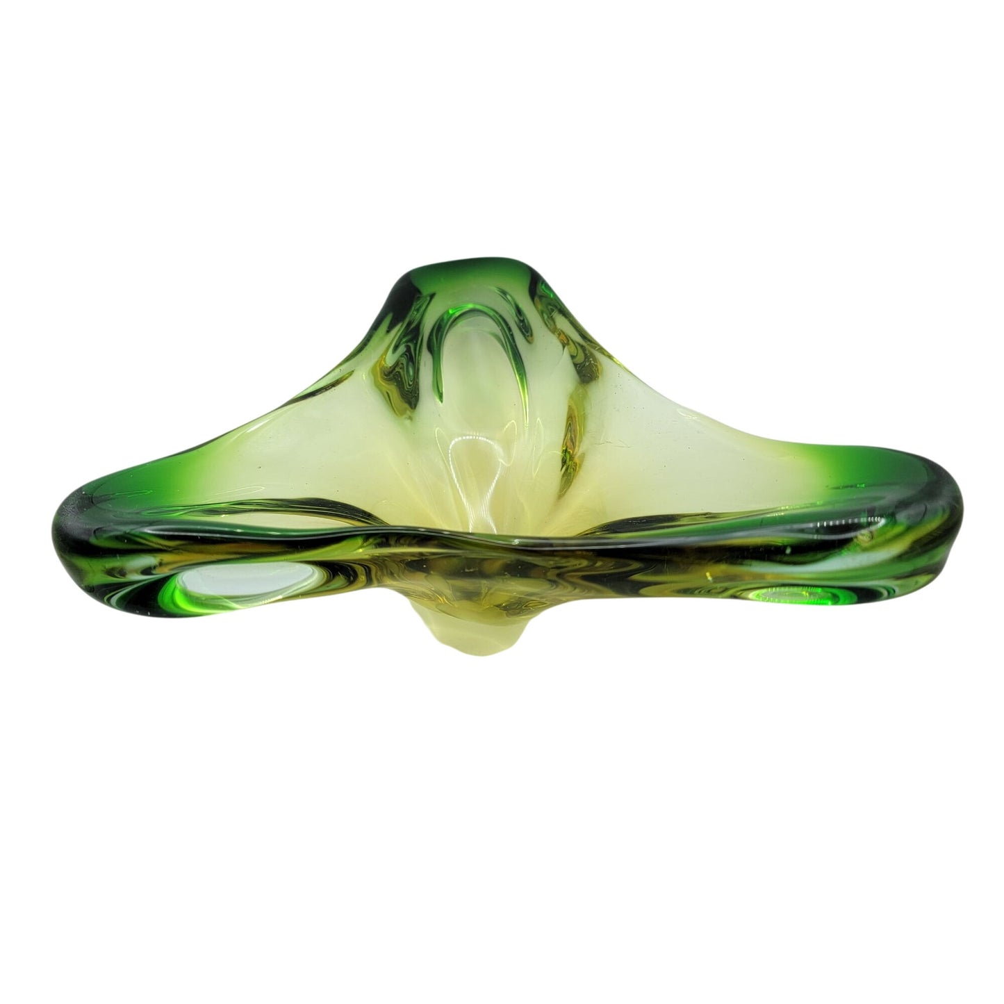 Mid Century Atomic Triangular Green Sommerso Art Glass Centerpiece Bowl
