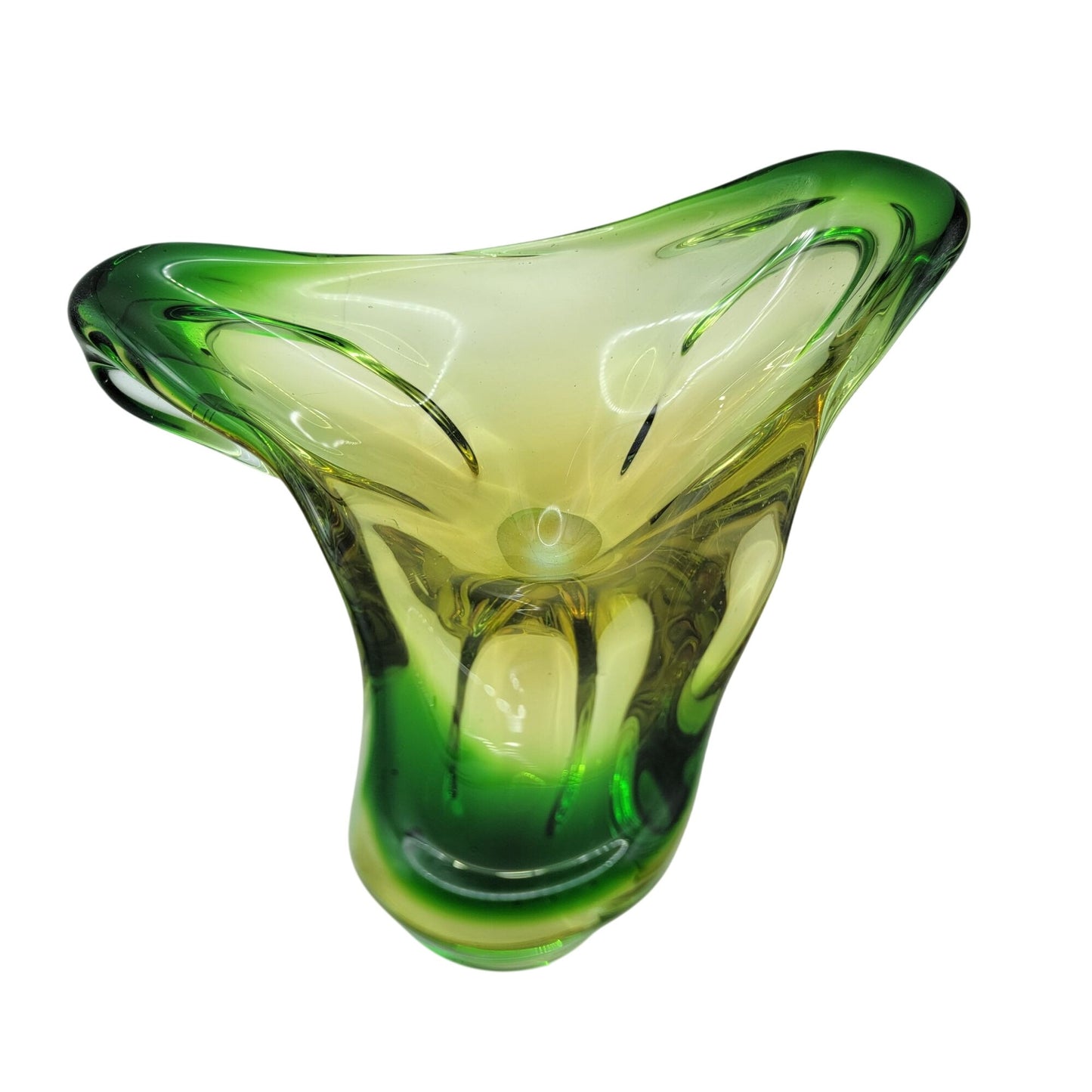 Mid Century Atomic Triangular Green Sommerso Art Glass Centerpiece Bowl