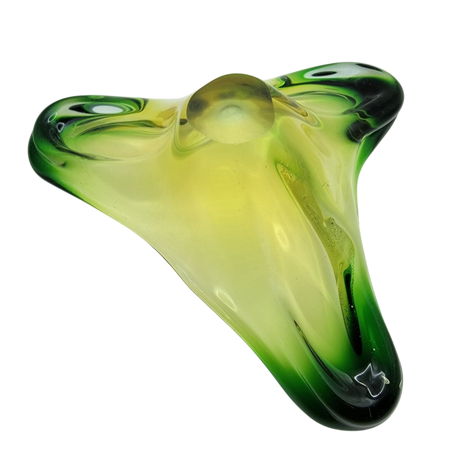 Mid Century Atomic Triangular Green Sommerso Art Glass Centerpiece Bowl