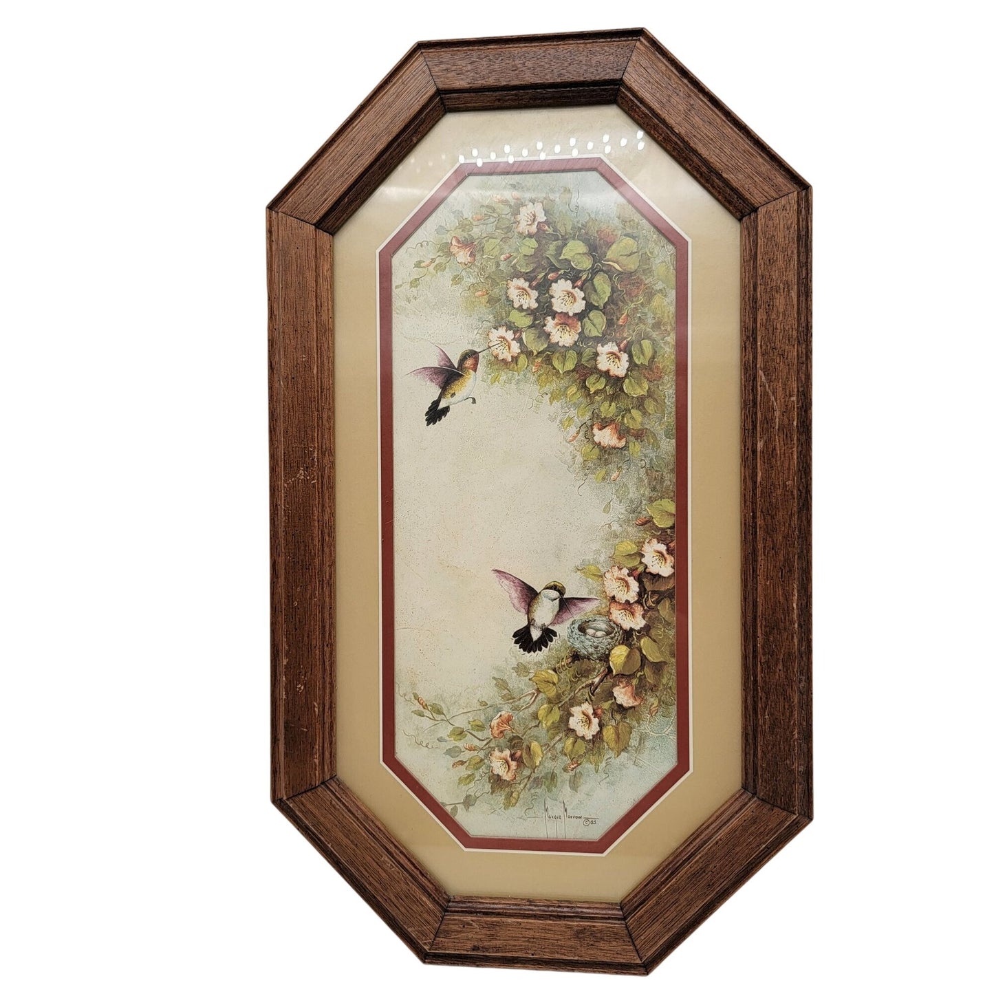 Vintage Margie Morrow Hummingbird Print In Octagonal Oak Frame