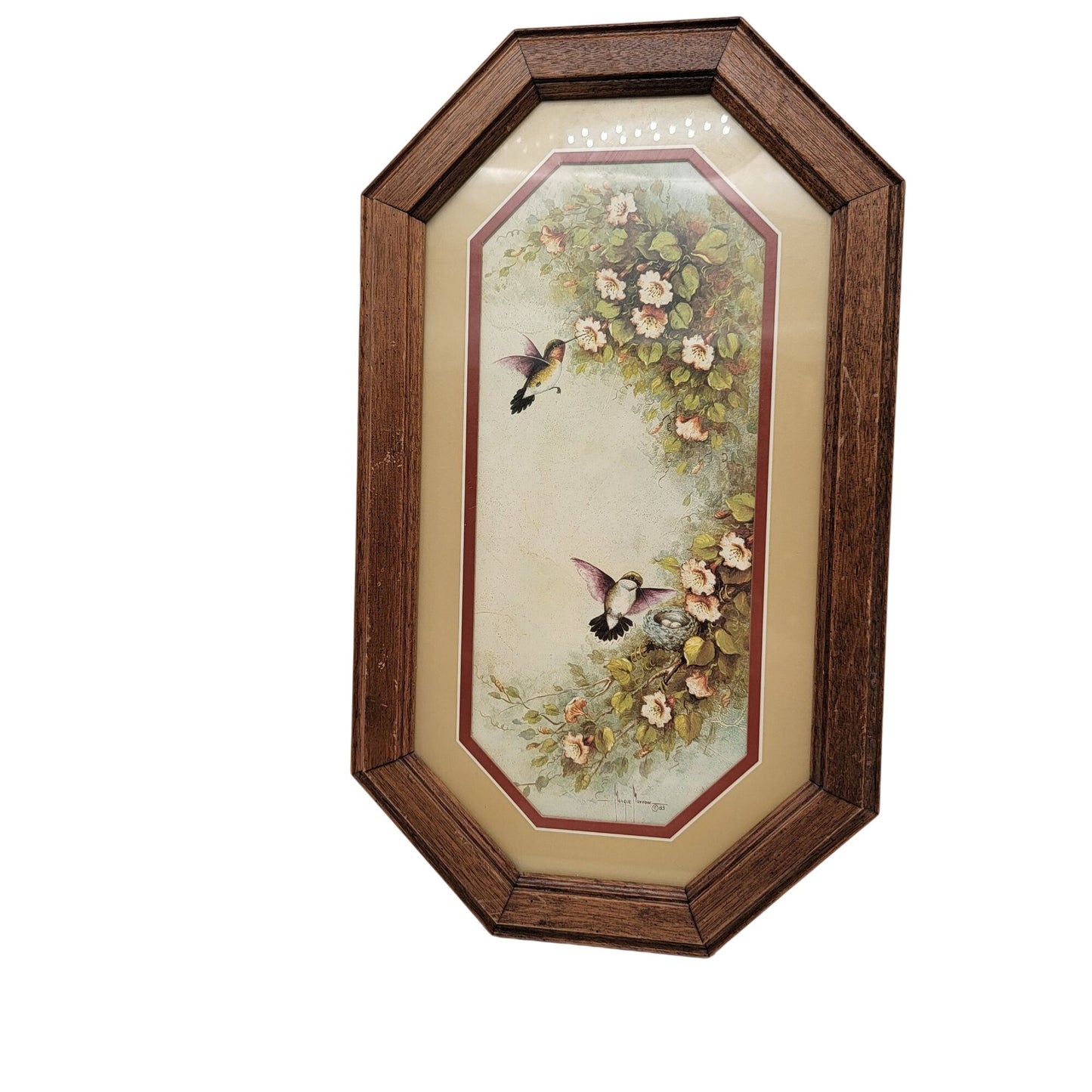 Vintage Margie Morrow Hummingbird Print In Octagonal Oak Frame