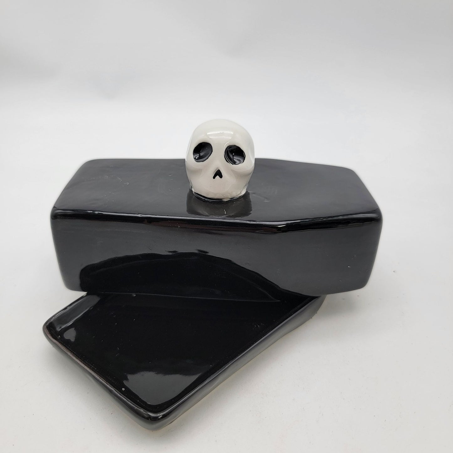Salem St. Black Coffin-Shaped Butter Dish With Skull Handle