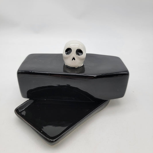 Salem St. Black Coffin-Shaped Butter Dish With Skull Handle