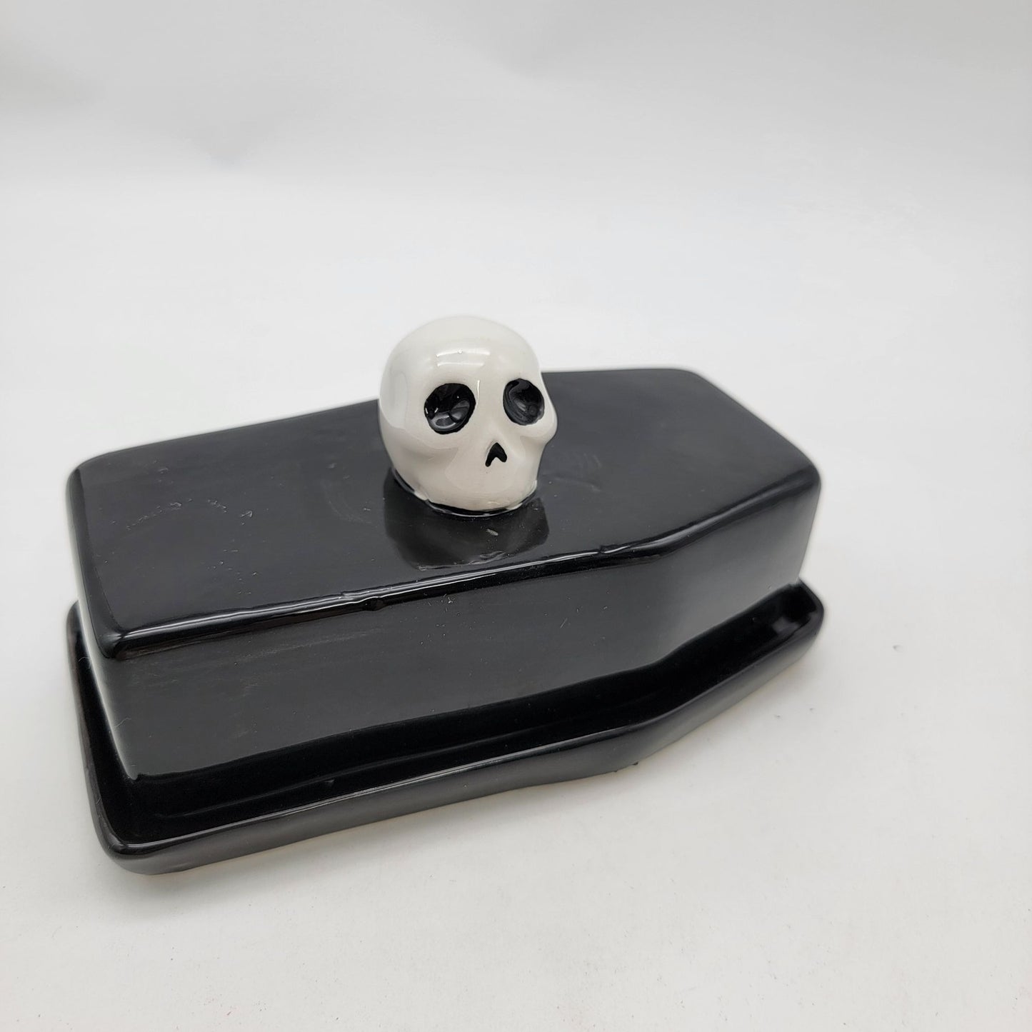 Salem St. Black Coffin-Shaped Butter Dish With Skull Handle