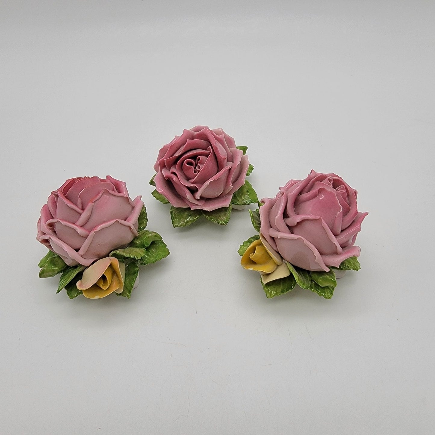 Set Of 3 Vintage Dresden Germany Porcelain Pink Rose Sculptures
