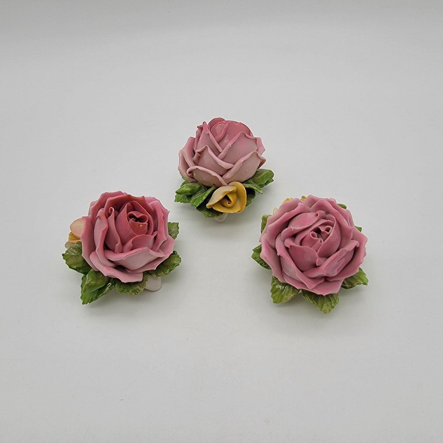 Set Of 3 Vintage Dresden Germany Porcelain Pink Rose Sculptures