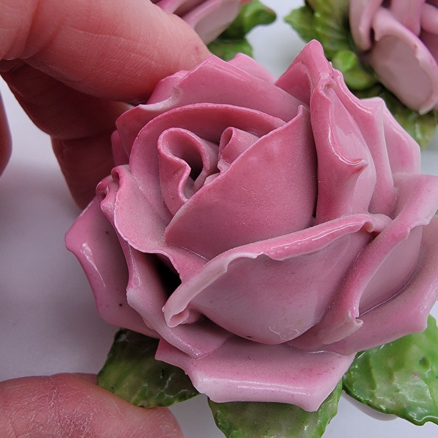 Set Of 3 Vintage Dresden Germany Porcelain Pink Rose Sculptures