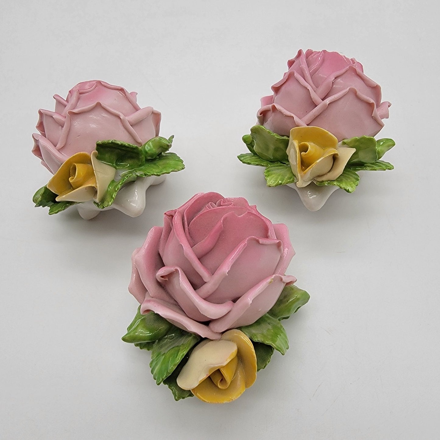 Set Of 3 Vintage Dresden Germany Porcelain Pink Rose Sculptures