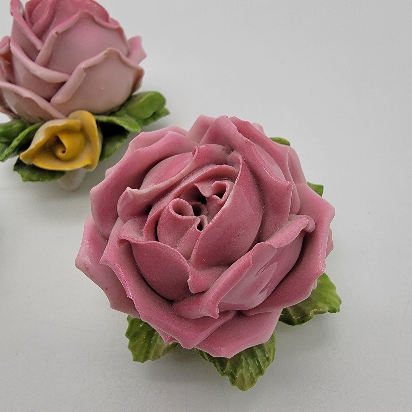 Set Of 3 Vintage Dresden Germany Porcelain Pink Rose Sculptures