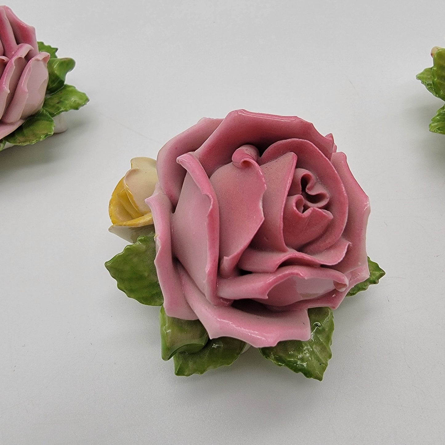 Set Of 3 Vintage Dresden Germany Porcelain Pink Rose Sculptures