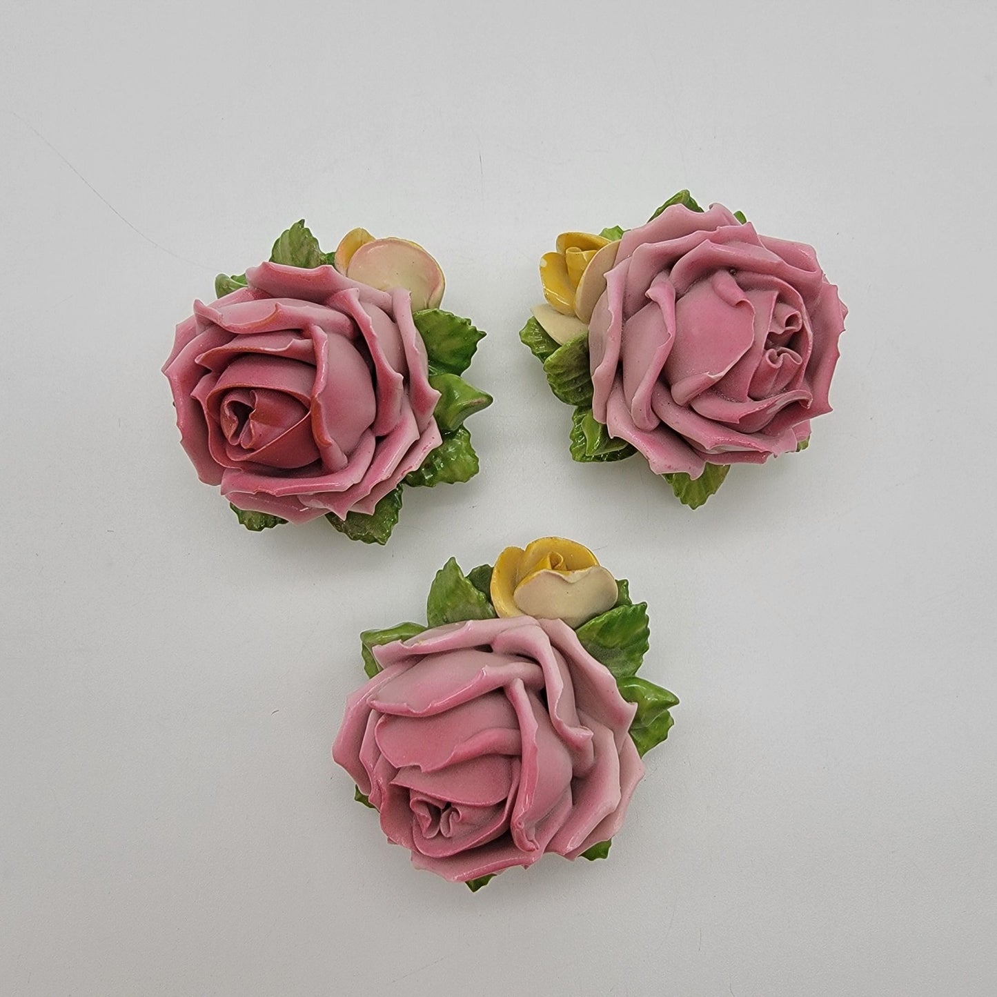 Set Of 3 Vintage Dresden Germany Porcelain Pink Rose Sculptures