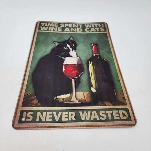 Vintage Style "Time Spent With Wine And Cats Is Never Wasted" Tin Sign