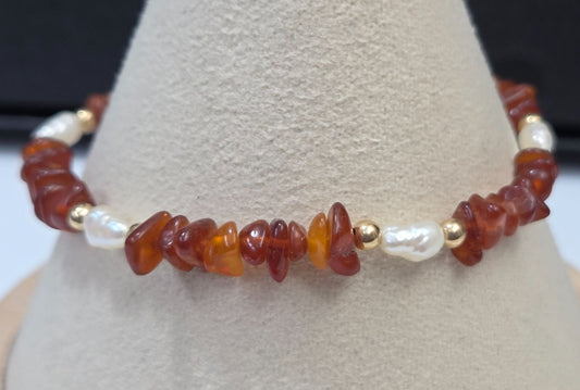 Vintage Natural Amber & Freshwater Pearl Bracelet Size 6.5"
