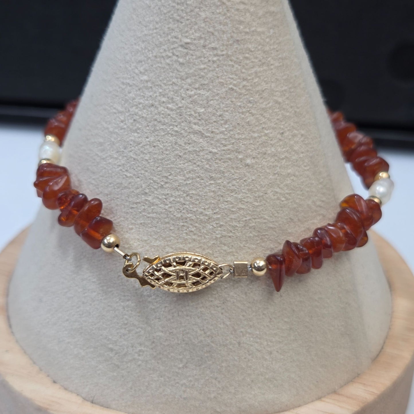 Vintage Natural Amber & Freshwater Pearl Bracelet Size 6.5"